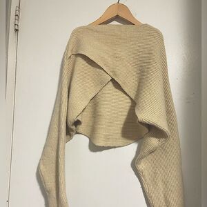 Women's Boat Neck Sweater Long Sleeve Cross Wrap Asymmetrical  Hem Cropped